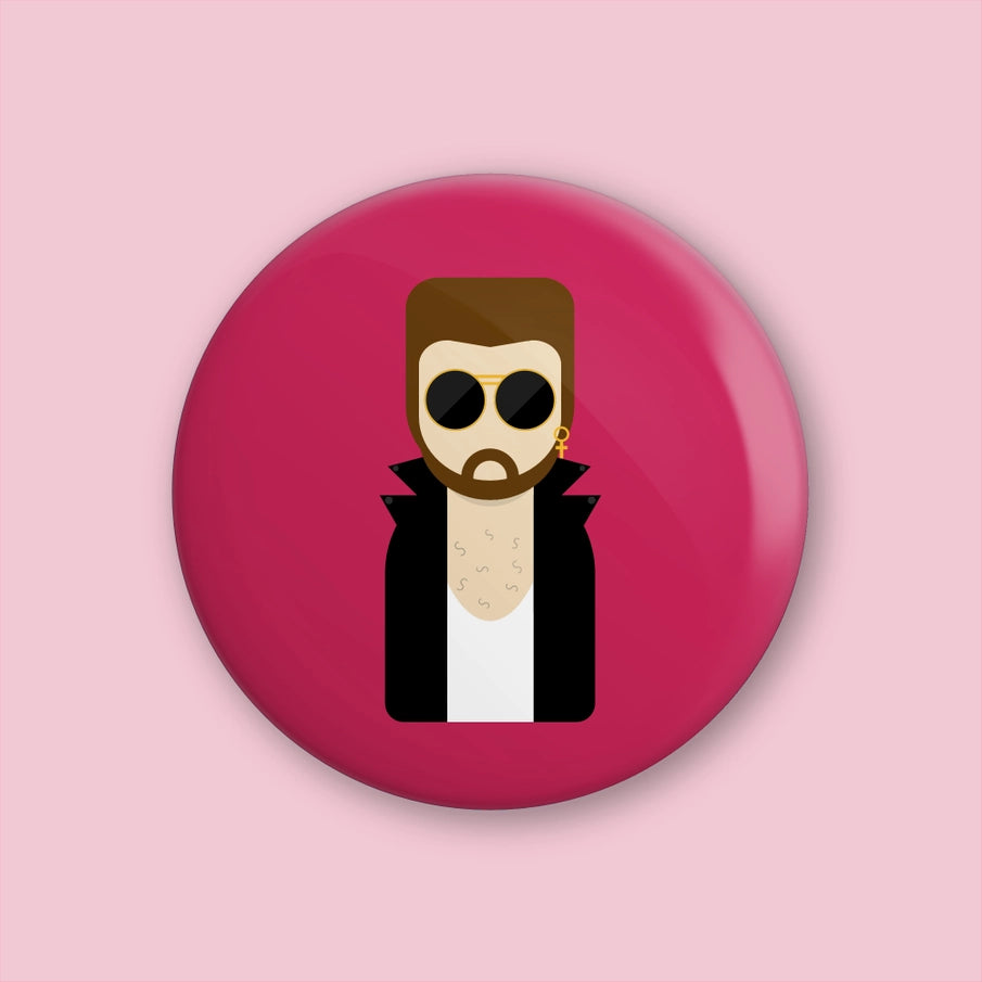 Munchquin David Bowie As Ziggy Stardust Button Badge - a quirky and fun pin badge featuring the legendary David Bowie.
