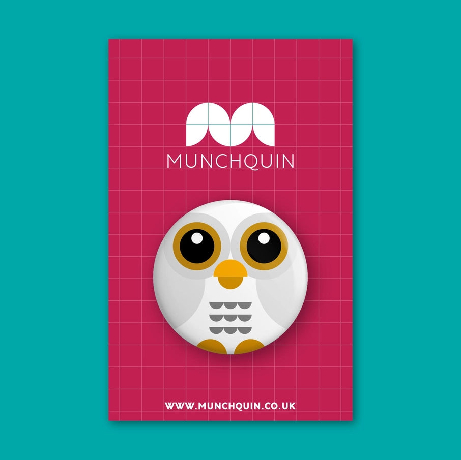 Munchquin Snowy Owl Button Badge - a quirky and fun pin badge featuring the cutest snowy owl!