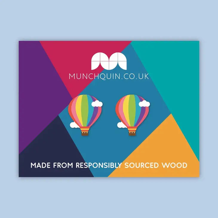 Munchquin Hot Air Balloons Wooden Stud Earrings - a super cute pair of rainbow hot air balloon shaped earrings!