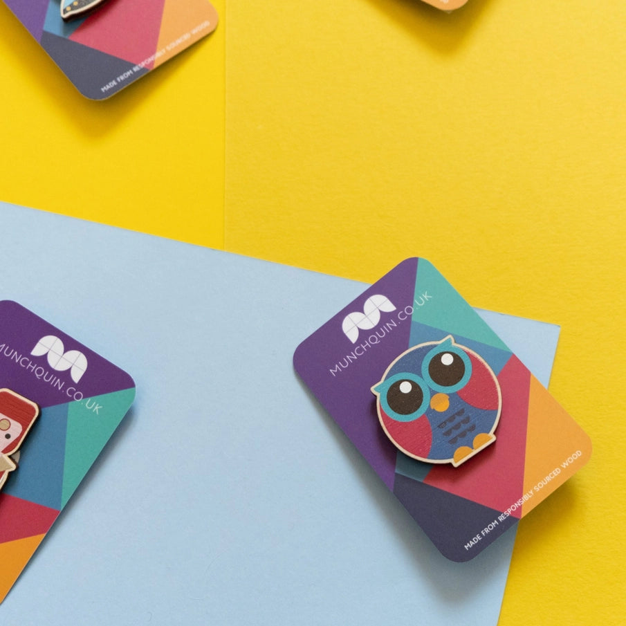 Munchquin Little Wise Owl Wooden Brooch - a quirky and fun wooden brooch featuring a colourful owl!