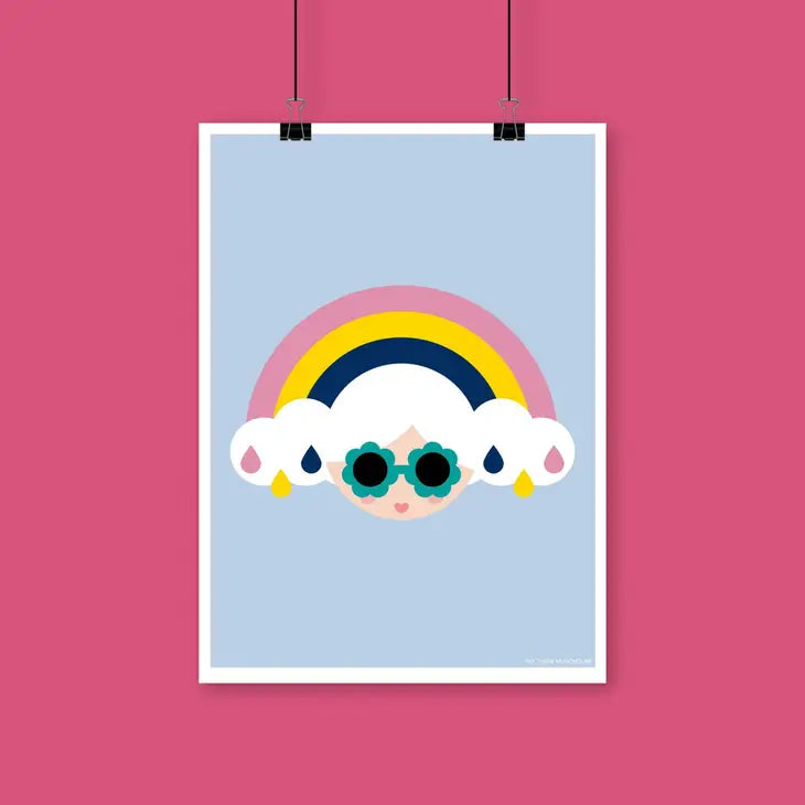 Munchquin Weather Girl Art Print - a quirky and fun print featuring a weather girl rainbow design.