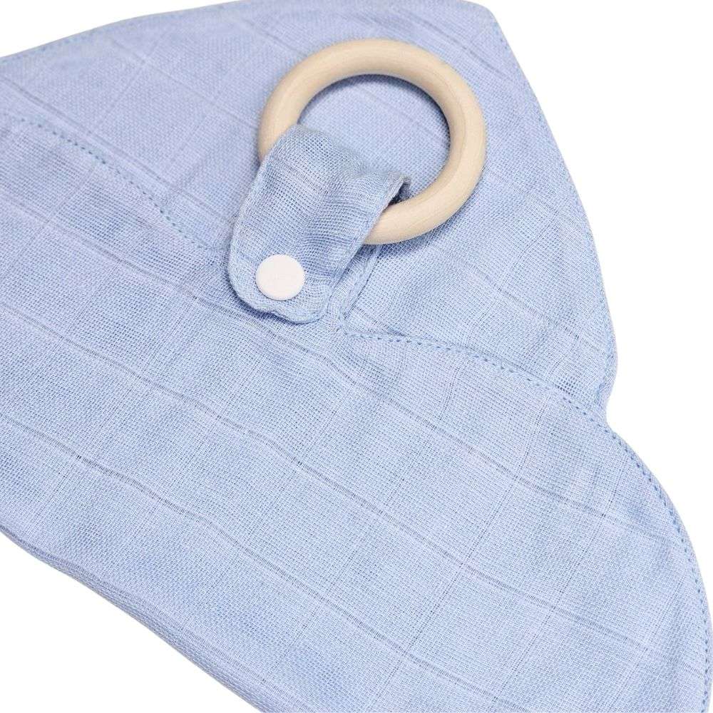 Muslinz Mini Muzi - Pale Blue. Light blue baby muslin with a wooden teething ring on a white background