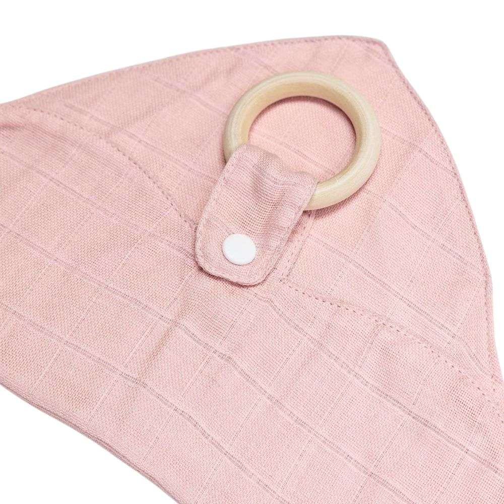 Muslinz Mini Muzi -Pale Pink - Pink baby muslin with a wooden ring on a white background