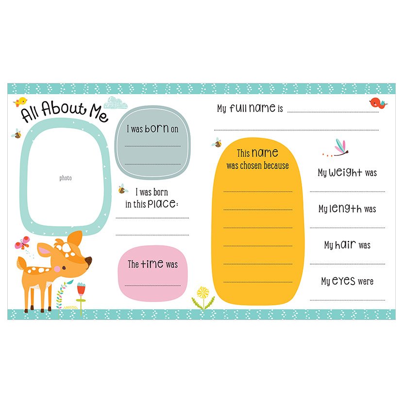 Petite Boutique My Baby Record Book - Children's 'All About Me' sheet with various text boxes and a cartoon deer illustration.