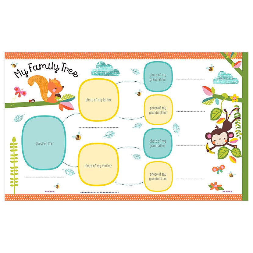 Petite Boutique My Baby Record Book - Children's educational chart titled 'My Family Tree' with animal illustrations and blank spaces for photos.