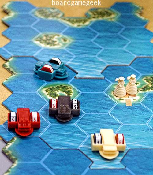 Mississippi Queen. Board game pieces on a hexagonal tile map with 'boardgamegeek' branding.