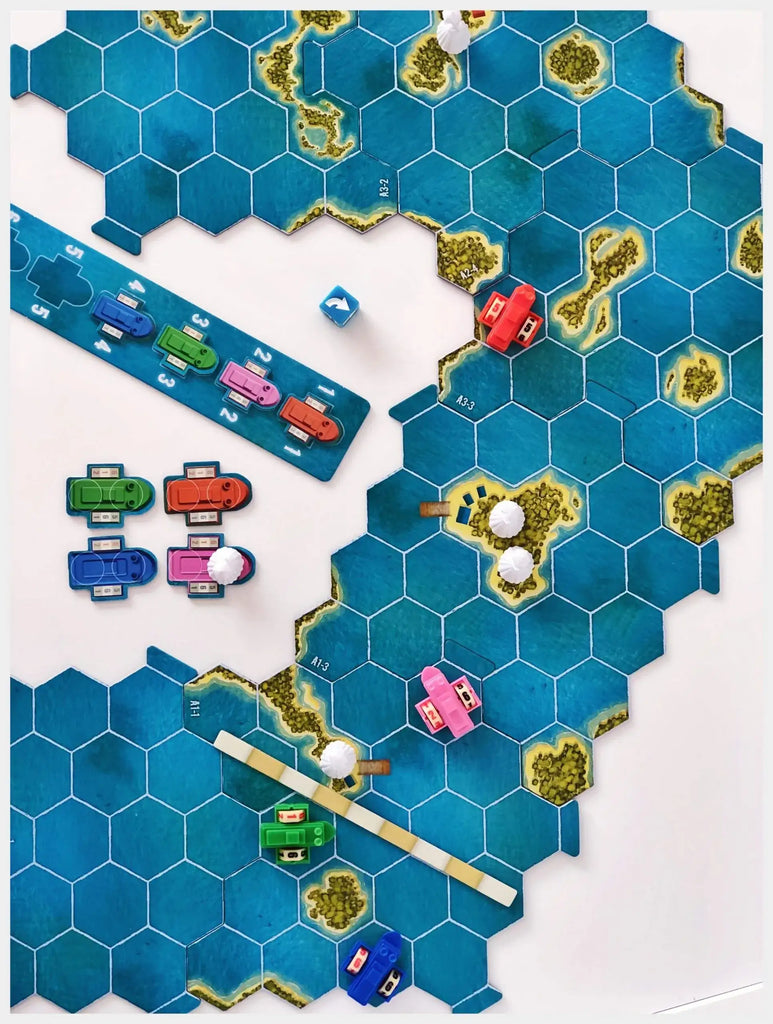 Mississippi Queen. Hexagonal tile game board with colorful game pieces on a white background