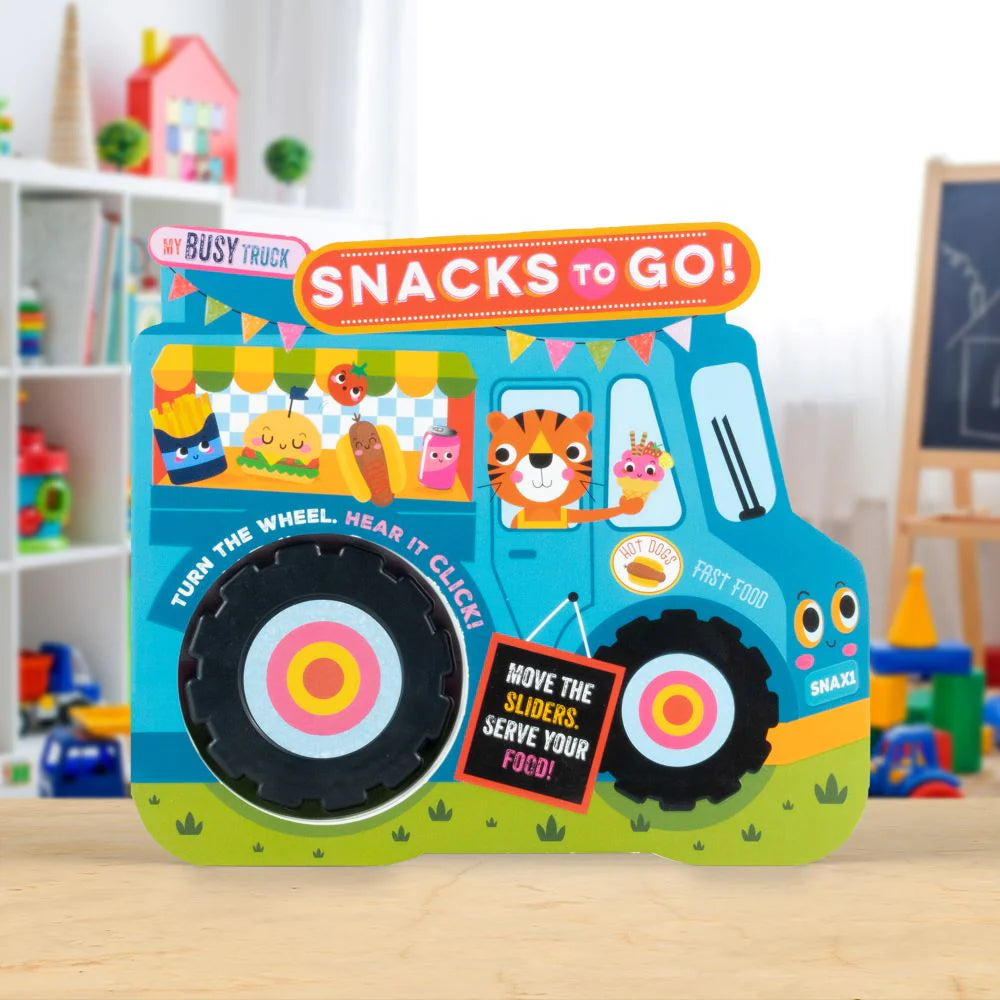 Colorful children's book with a truck design on a wooden surface. My Busy Truck Snacks To Go Book