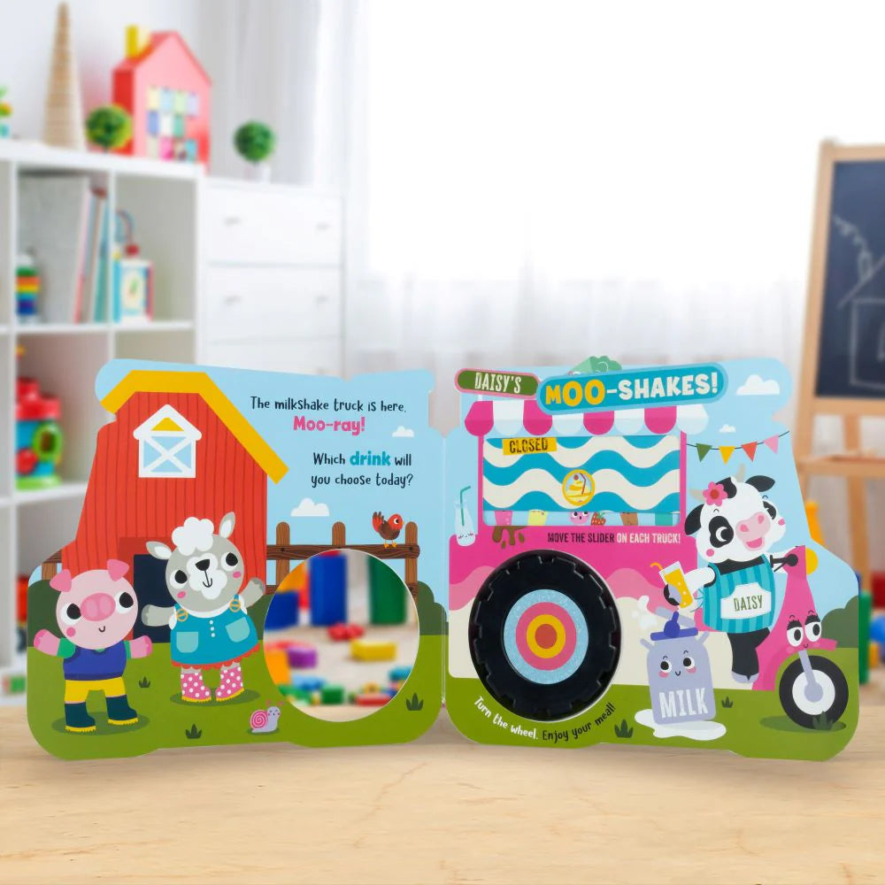 Children's board books with farm and ice cream truck designs on a wooden surface. My Busy Truck Snacks To Go Book