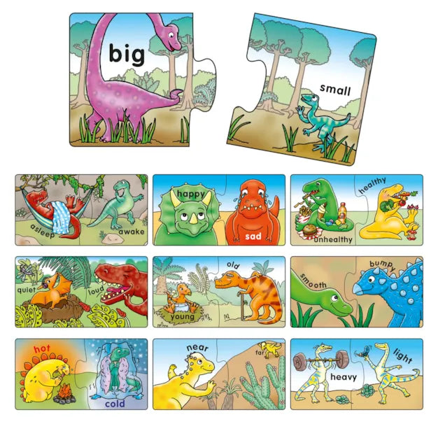 Orchard Toys - Dinosaur Opposites -  Set of dinosaur-themed educational puzzles with illustrations and text.