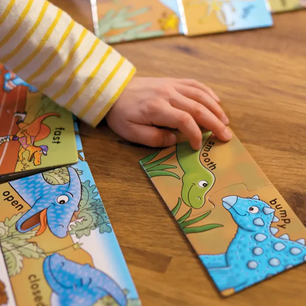 Orchard Toys - Dinosaur Opposites -  Child's hand interacting with educational dinosaur cards on a wooden surface