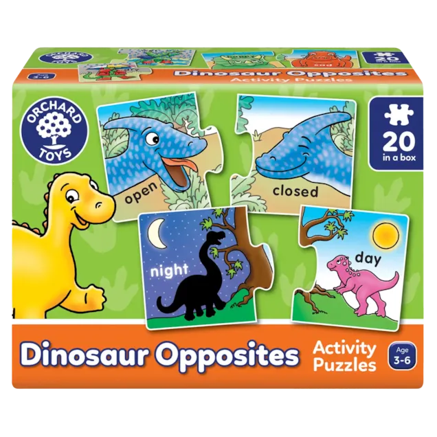 Orchard Toys Dinosaur Opposites Activity Puzzles packaging with colorful illustrations of dinosaurs and opposites.