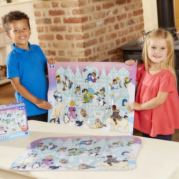 Includes a giant poster. Two children holding a Frozen-themed puzzle with characters and a castle.