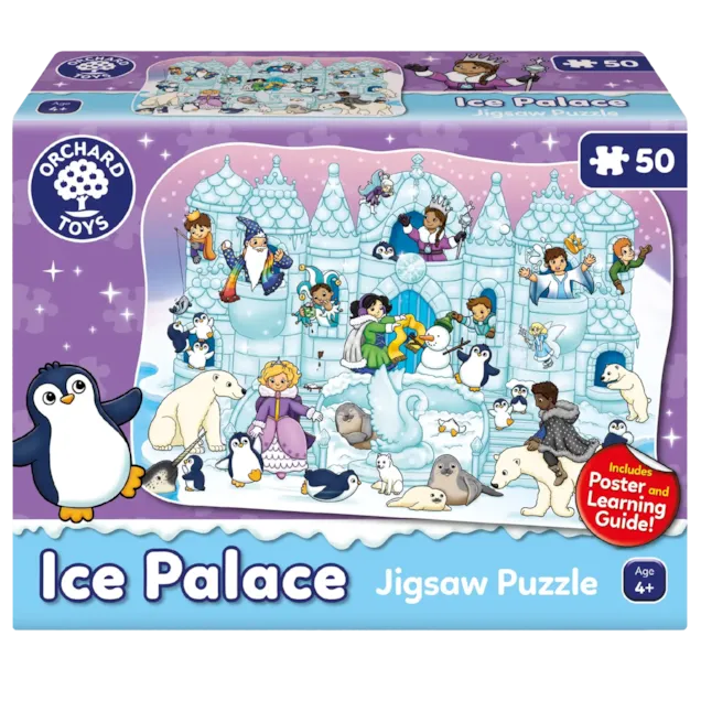 Orchard Toys Ice Palace jigsaw puzzle box with colorful illustrations of characters and animals around an ice palace.