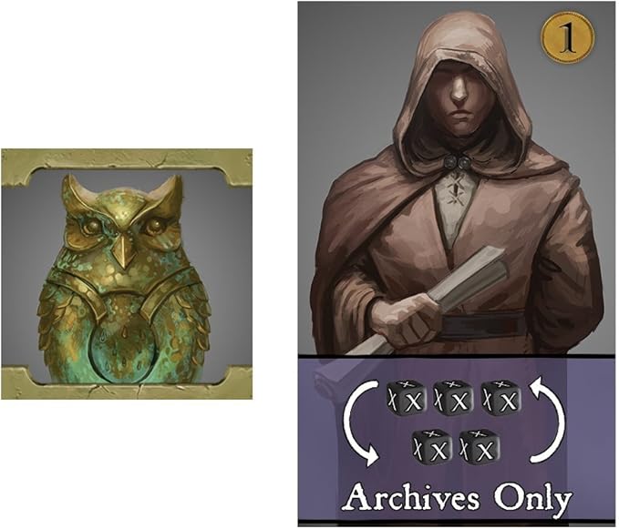 Bronze owl figurine and character in a hooded cloak with a weapon, labeled 'Archives Only'. Order of the Gilded Compass Board Game