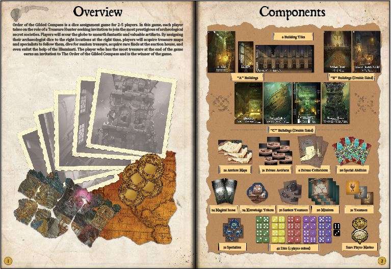 Open book showing game components for a tabletop game with maps, cards, and other items. Order of the Gilded Compass Board Game