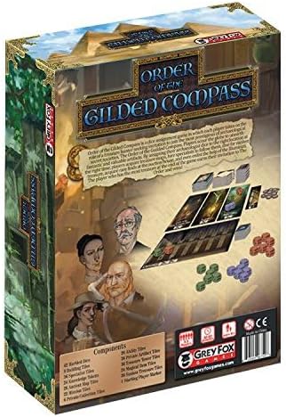 Board game box for 'Order of the Gilded Compass' by Grey Fox Games with illustrations and text. Order of the Gilded Compass Board Game