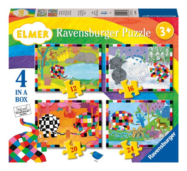 Ravensburger Elmer 4 in a Box Jigsaw Puzzle &nbsp;Four bright and colourful jigsaw puzzles featuring characters Elmer.