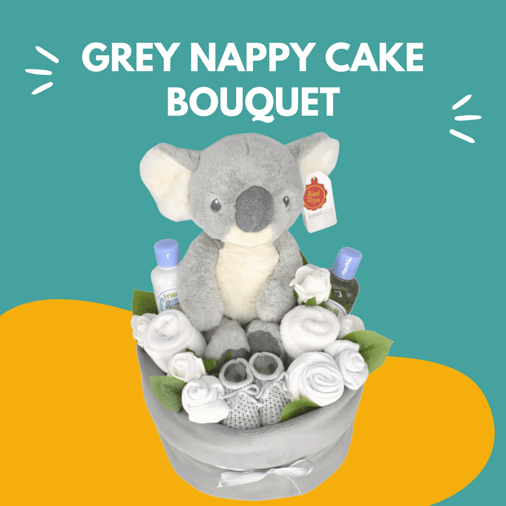 This special nappy cake in&nbsp;silvery grey tones&nbsp;is deep filled with lots of lovely baby items. Colourful Background