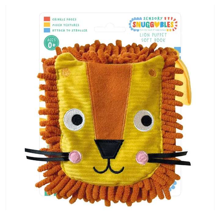 Meet the perfect buddy for your little explorer- the Sensory Snuggables Lion Puppet Soft Book!