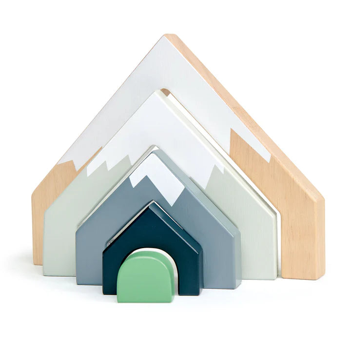 Tender Leaf Mountain Stack - Set of colorful geometric house-shaped coasters on a white background