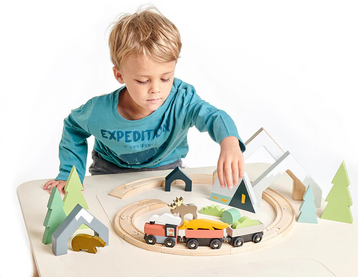 Tender Leaf Mountain Stack - Child playing with a wooden train set on a table