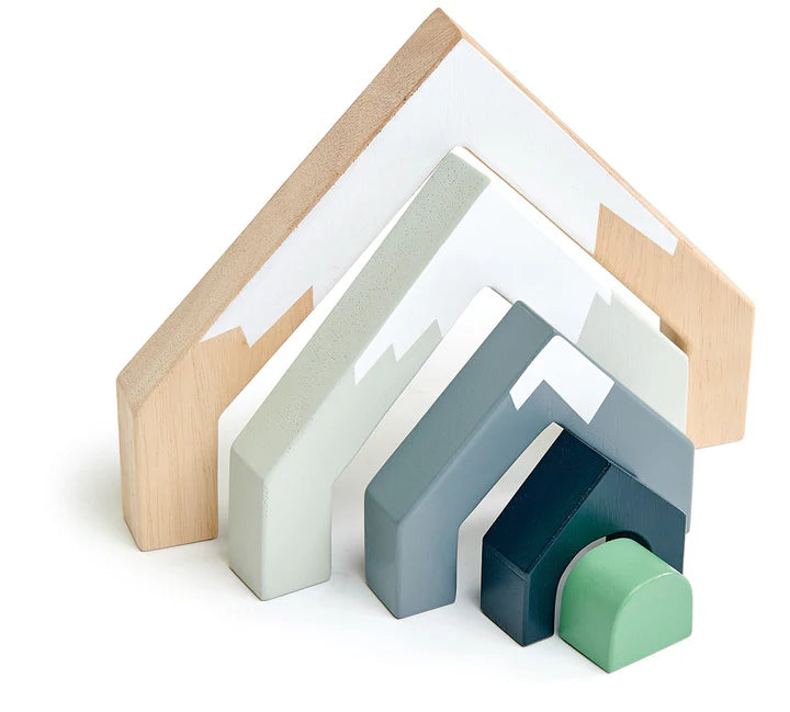 Tender Leaf Mountain Stack - Set of wooden toy blocks in various colors on a white background