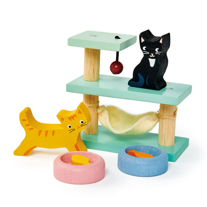 Tender Leaf Pet Cats Set Wooden cat play set with multiple levels, toys, and figurines on a white background