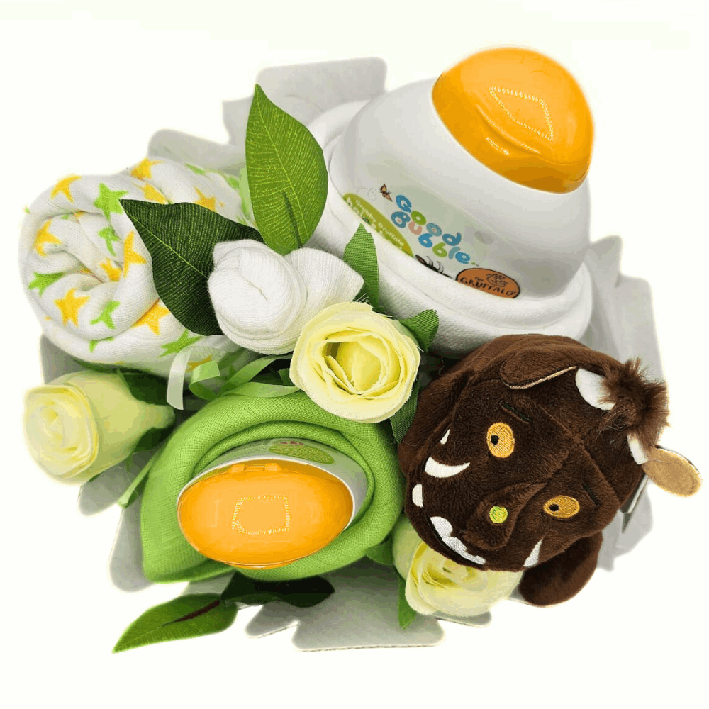 Good Bubble Gruffalo Bath Time Bouquet. This gorgeous baby bouquet contains a Gruffalo Hair &amp; Body Wash, Little Softy Moisturiser, sweet Gruffalo soft toy, a trio of soft muslin squares and a sweet baby bud sock. All beautifully presented like a bouquet of flowers.