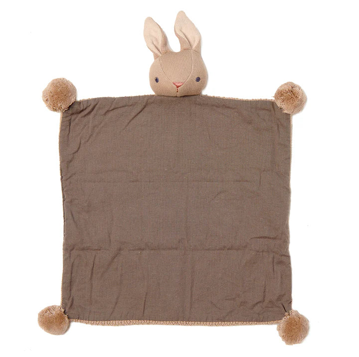Baby Threads Taupe Bunny Comforter - Brown plush blanket with a bunny head and pom-pom ears on a white background