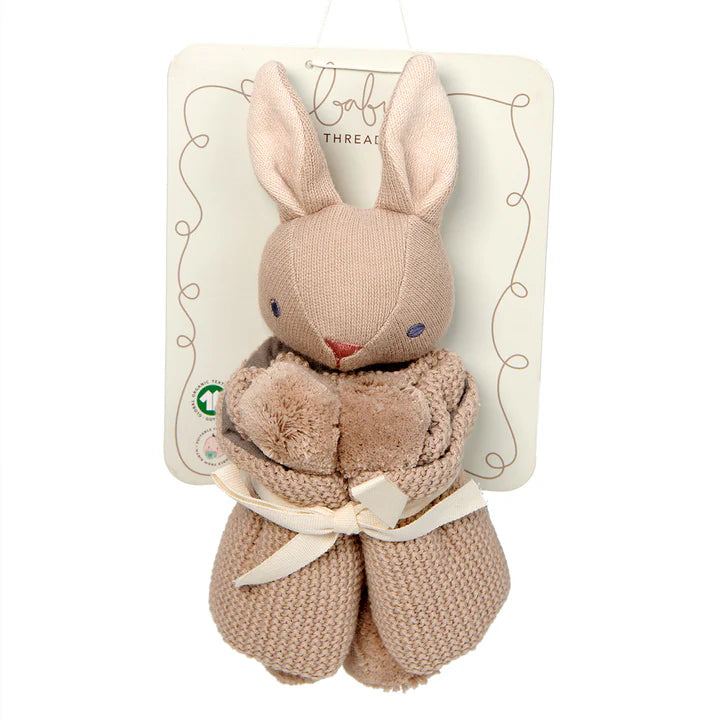 Baby Threads Taupe Bunny Comforter -  Plush rabbit toy with matching blanket on a branded card
