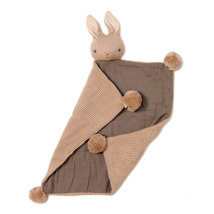 Baby Threads Taupe Bunny Comforter - Knitted blanket with a plush rabbit toy on a white background