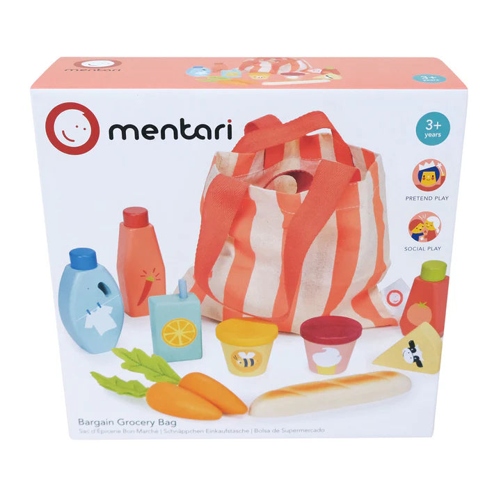 Mentari Bargain Grocery Bag - Mentari toy set packaging with a grocery bag and various items on a white background