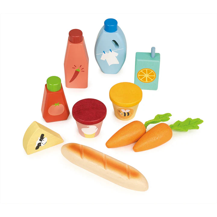 Mentari Bargain Grocery Bag - Set of toy food items including bottles, containers, and vegetables on a white background