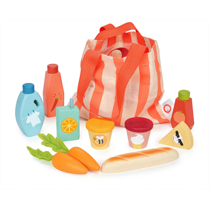 Mentari Bargain Grocery Bag - Toy grocery set with a striped bag, bottles, fruits, and vegetables on a white background