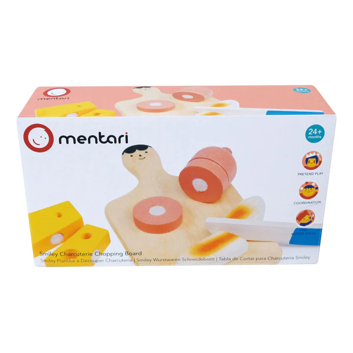 Mentari Smiley Charcuterie Chopping Board Box of a wooden toy set with 'mentari' branding on a white background