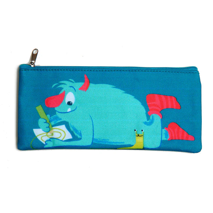Scruffles Monster Print Pencil Case by ThreadBear Design. Pencil case with a cartoon whale design on a blue background