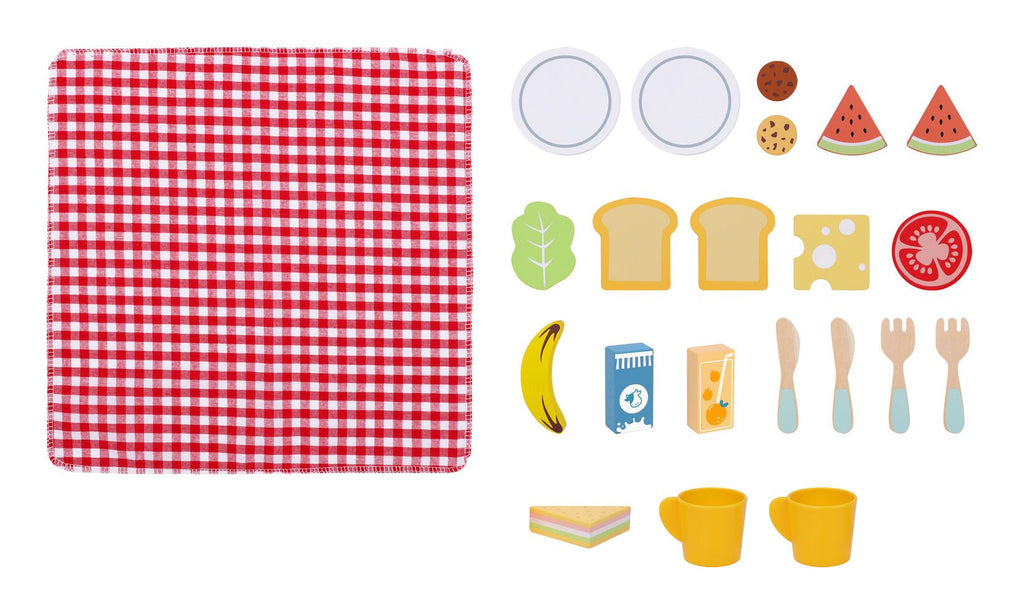 Tooky Toy Wooden Picnic Basket Set 23 piece wooden toy set. Sold by Say It Baby Gifts