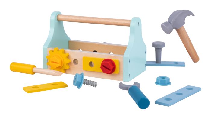 Tooky Toy Wooden Take-Along Tool Box - This fab kids tool box contains everything required for budding do-it-yourselfers! Sold by Say It Baby Gifts