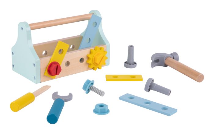 Tooky Toy Wooden Take-Along Tool Box - This fab kids tool box contains everything required for budding do-it-yourselfers! Sold by Say It Baby Gifts