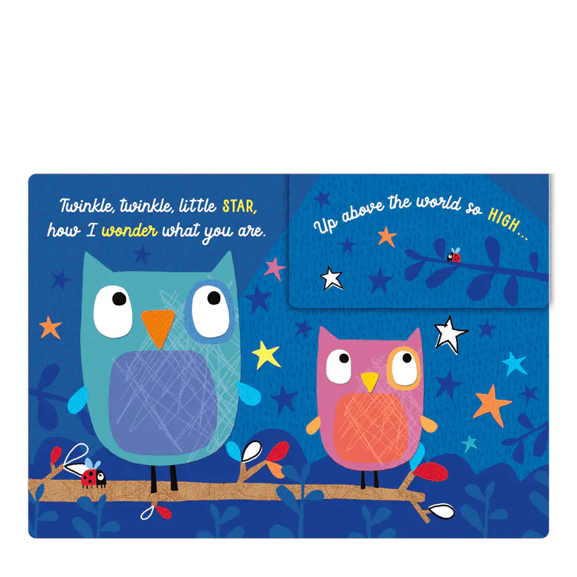 Children's book with two owls on a blue background with stars and text. Twinkle Twinkle Little Star Book