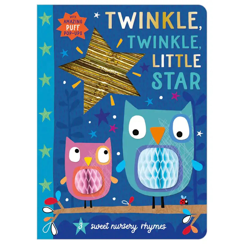 Children's book cover with two owls and a gold star on a blue background. Twinkle Twinkle Little Star Book