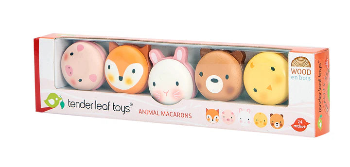 Animal Macarons Wooden Toy Set by Tender Leaf Toys – Cute & Colorful Play Food! . Box of Tender Leaf Toys animal macarons on a white background