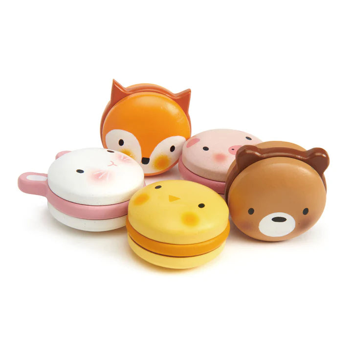 Animal Macarons Wooden Toy Set by Tender Leaf Toys – Cute & Colorful Play Food!  Set of five animal-shaped containers on a white background