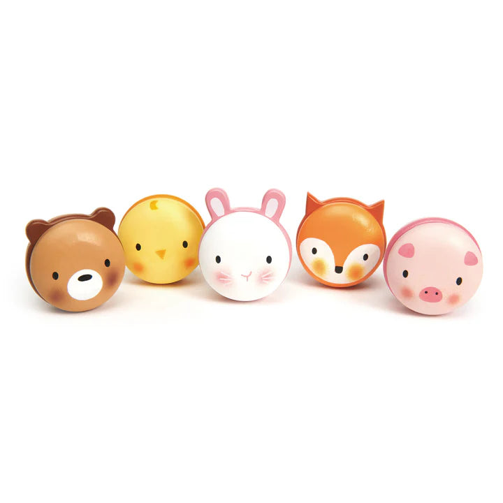 Animal Macarons Wooden Toy Set by Tender Leaf Toys – Cute & Colorful Play Food! Set of six animal-themed bath bombs on a white background