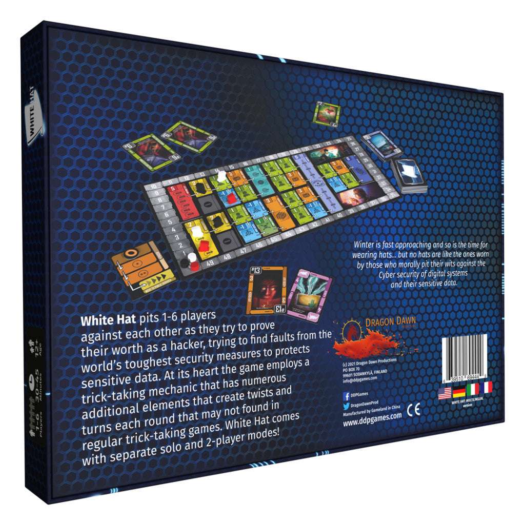 Board game box with colorful game pieces and text on a blue background White Hat Board Game