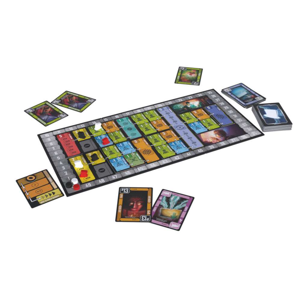 Board game with colorful tiles and cards on a white background. White Hat Board Game