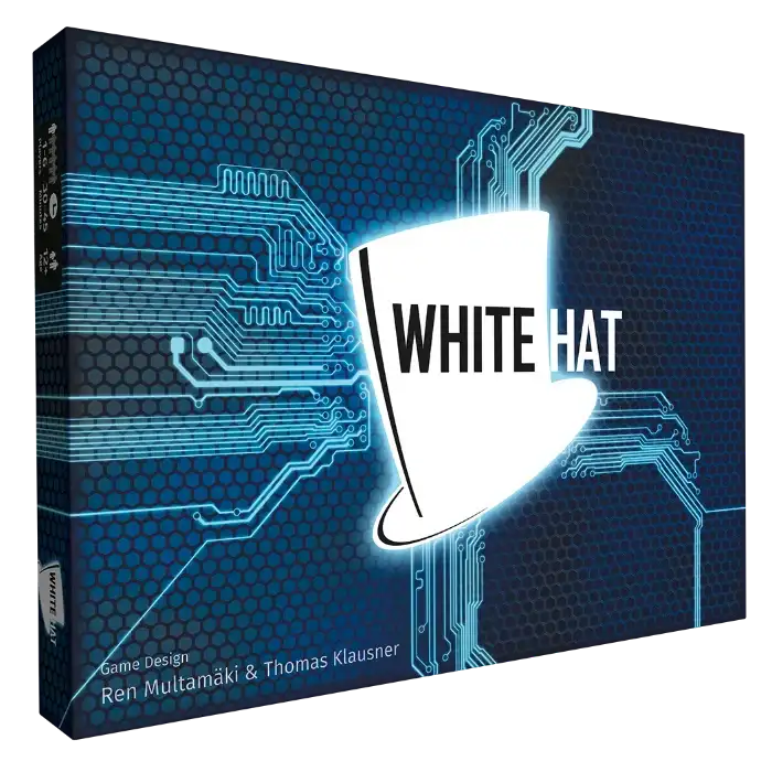 Board game box titled 'White Hat' with blue circuit design on a dark background