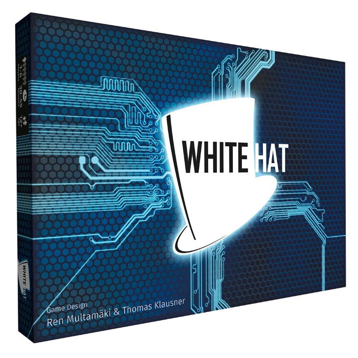 Board game box titled 'White Hat' with blue circuit design on a dark background