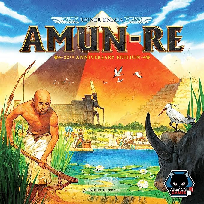 Board game box for 'Amun-Re' with Egyptian-themed artwork and pyramid
